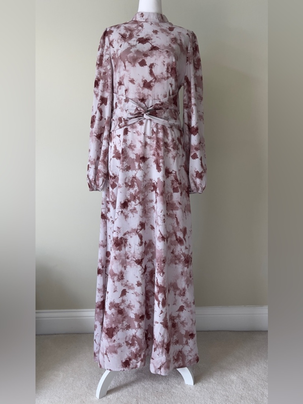 SHEIN Mauve Chiffon Floral Stand Collar Lantern Sleeve Tie-Waist Maxi Dress EUC